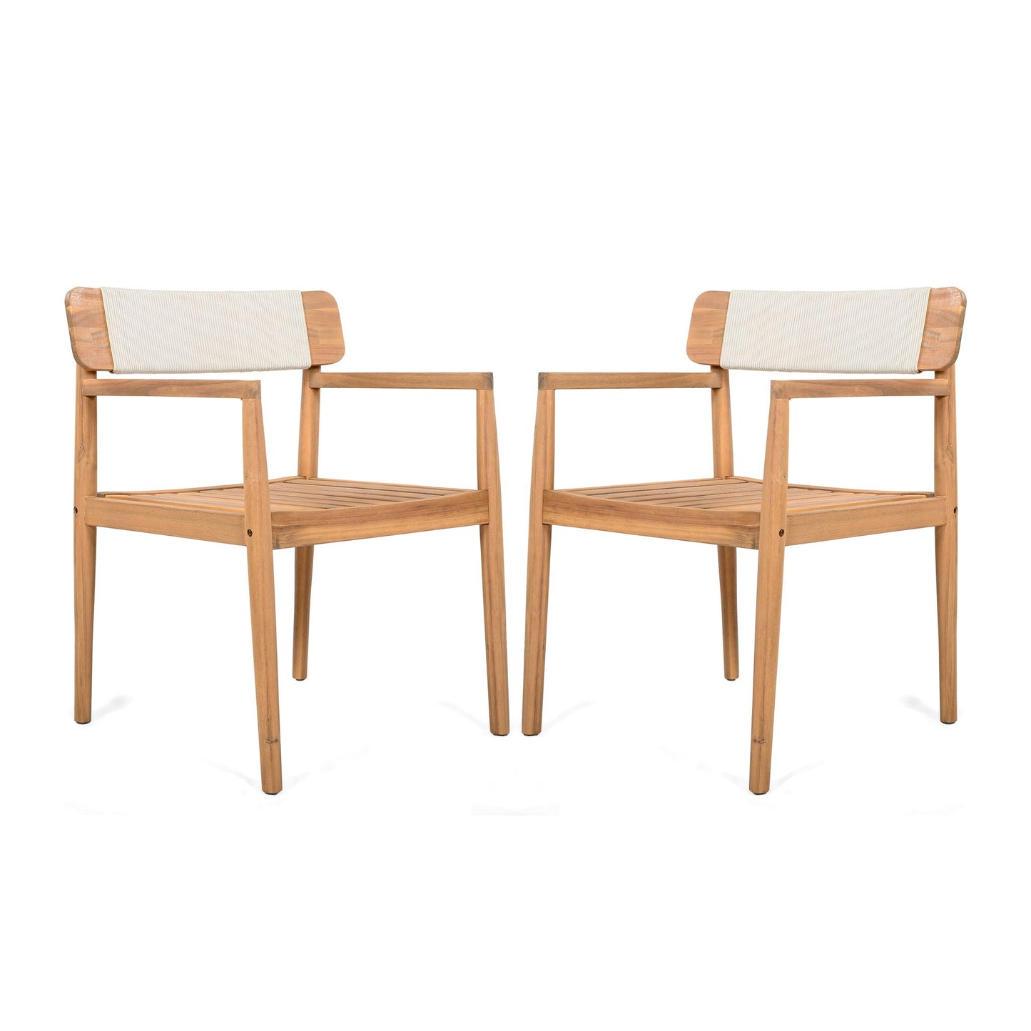Creative Braided Acacia Wood Outdoor Dining Chairs with Armrests (Set of 2) - Teak / White