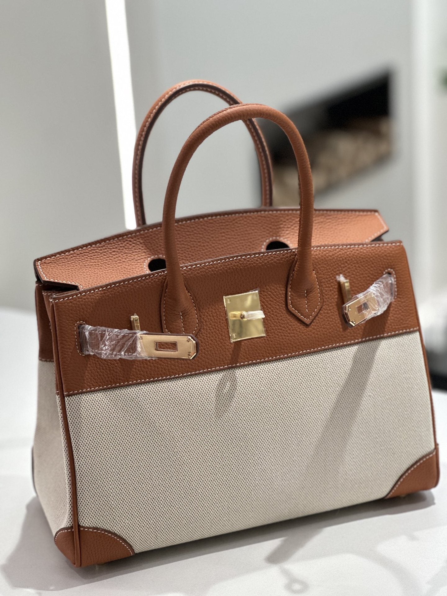 New Cross-border Genuine Leather Birkin Bag, Cowhide With Fabric Large Tote, Commuter Handbag With A High-end Kelly Bag Feel
