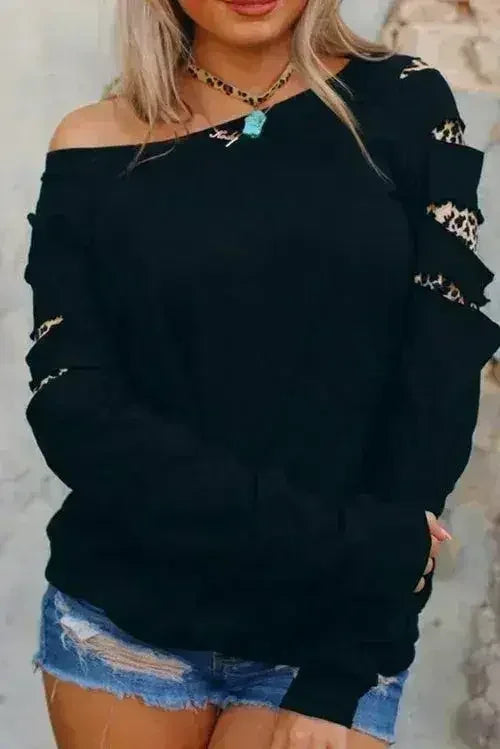Womens Leopard Insert Long Sleeve Black Sweatshirt