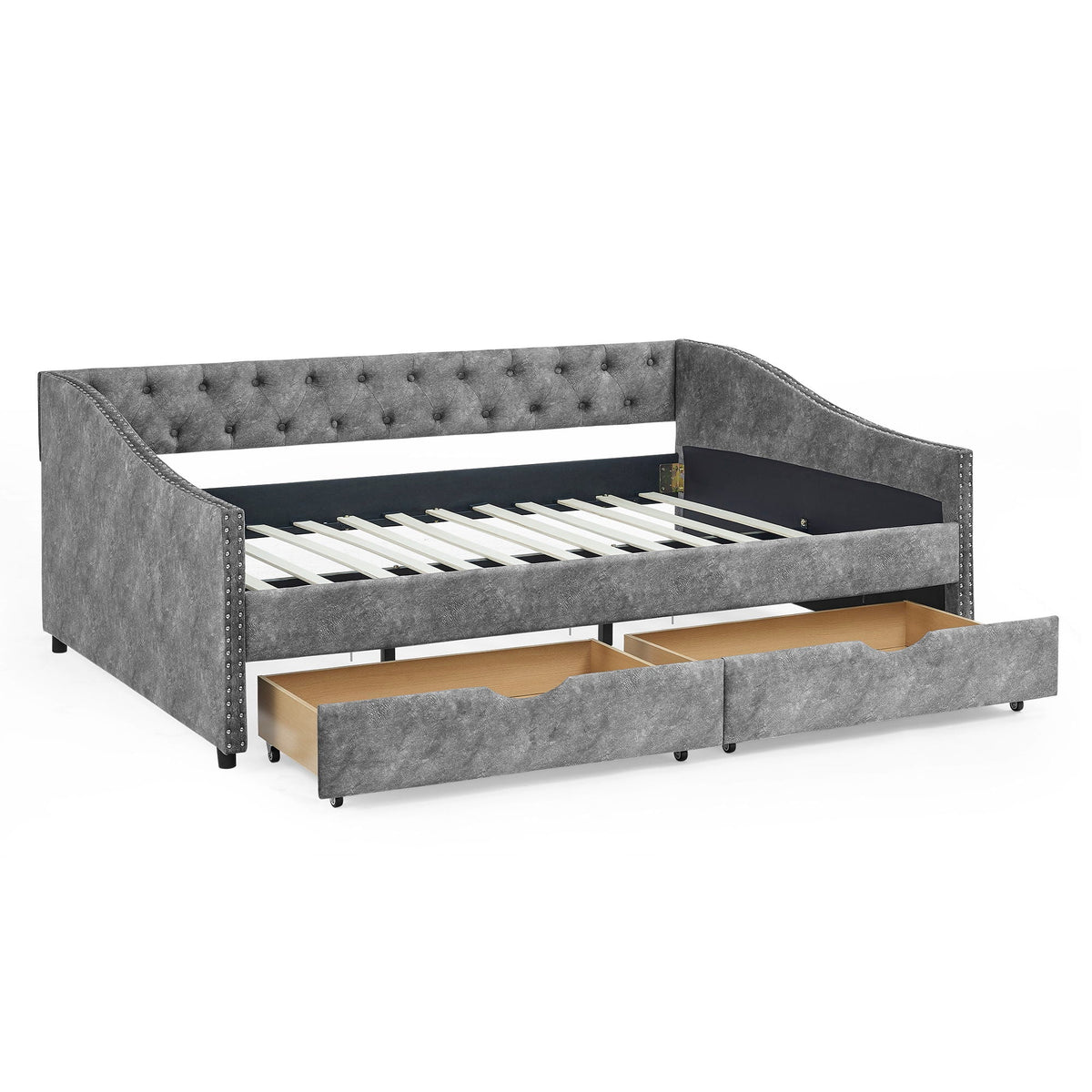 Upholstered Tufted Daybed With Drawers, Waved Arms