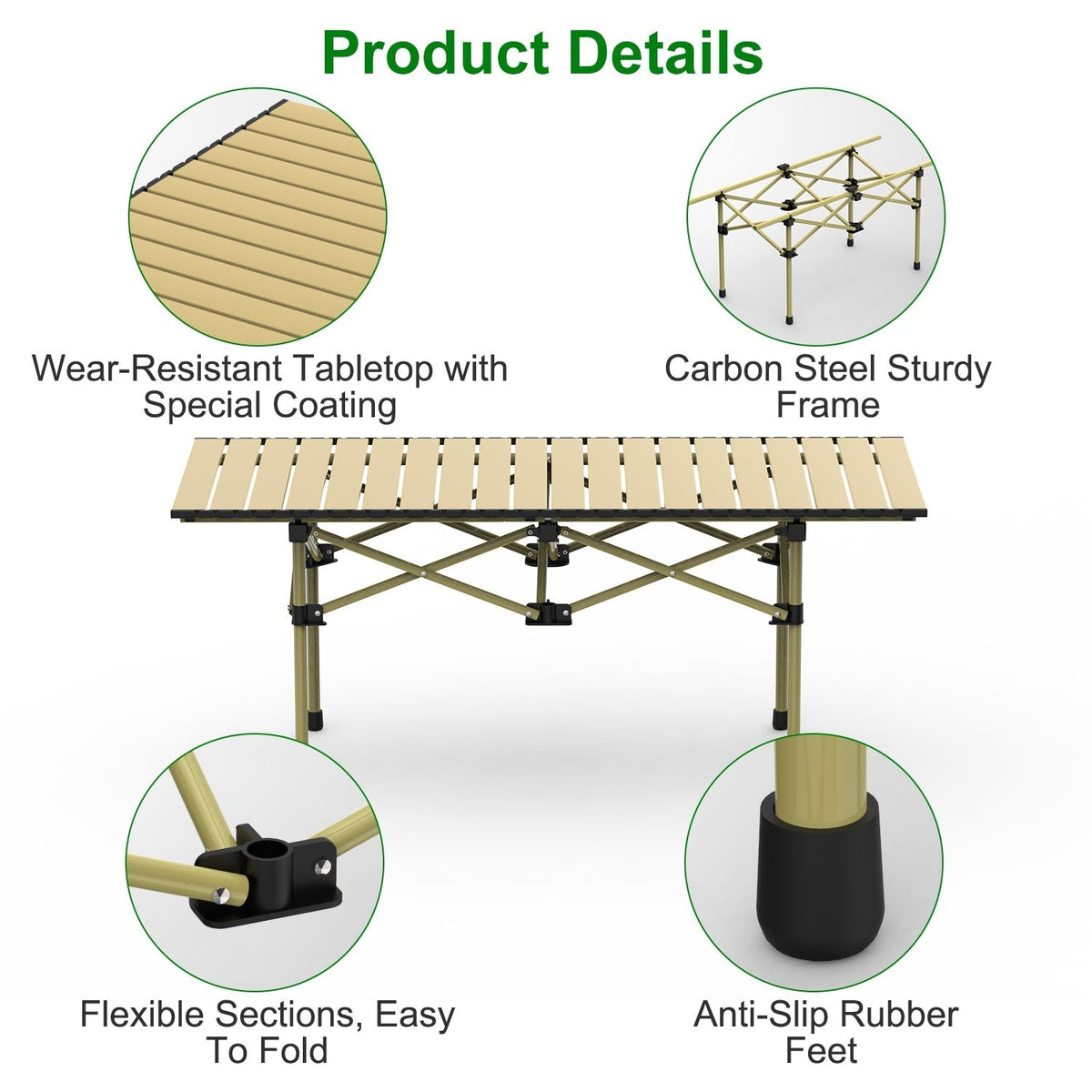Folding Camping Table Portable Lightweight Carbon Steel Roll-up Picnic BBQ Desk with Carry Bag Heavy Duty for Outdoor Beach Backyard Party Patio Campi