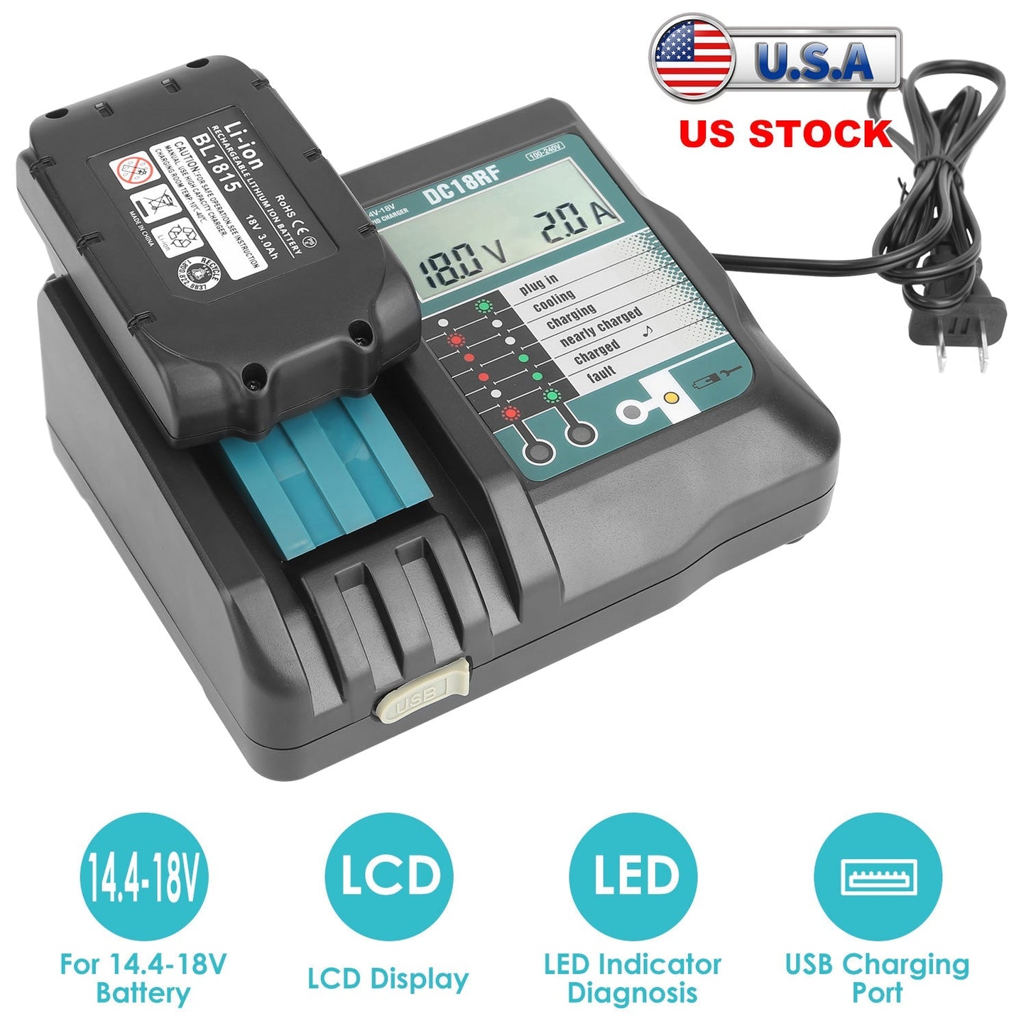 Rapid Charger Replacement Fit for Makita 14.4-18V Battery BL1860 BL1830 BL1850 with_x000B__x000B_LCD Display USB Port