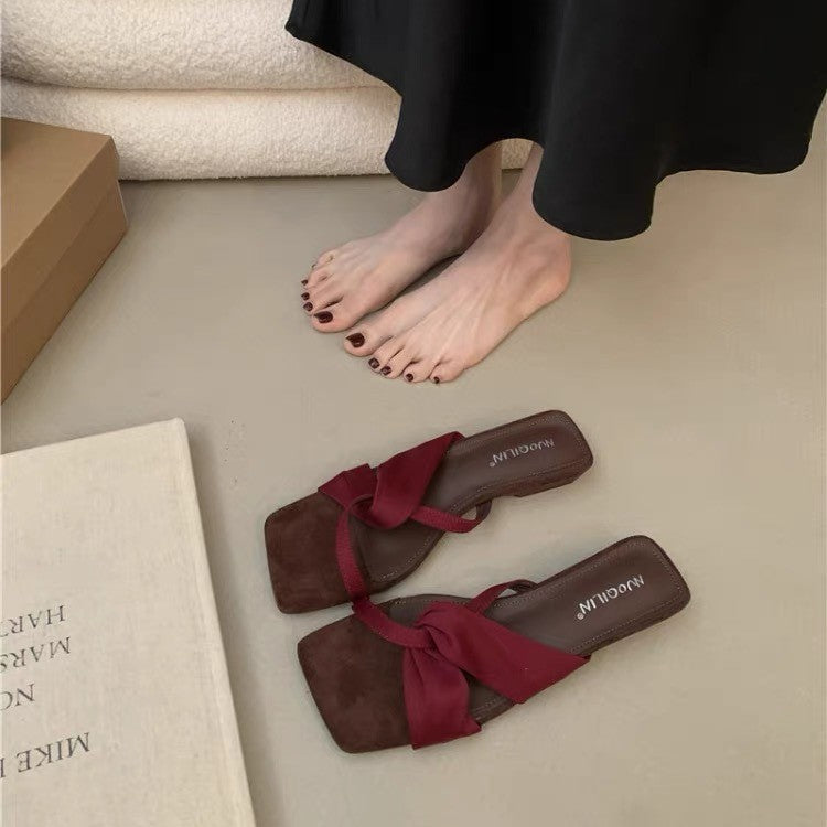 Women French Unique Design Block Heel Slide Sandals, 2026 New Summer Square Toe Open Toe Mid Heel Outdoor Slippers