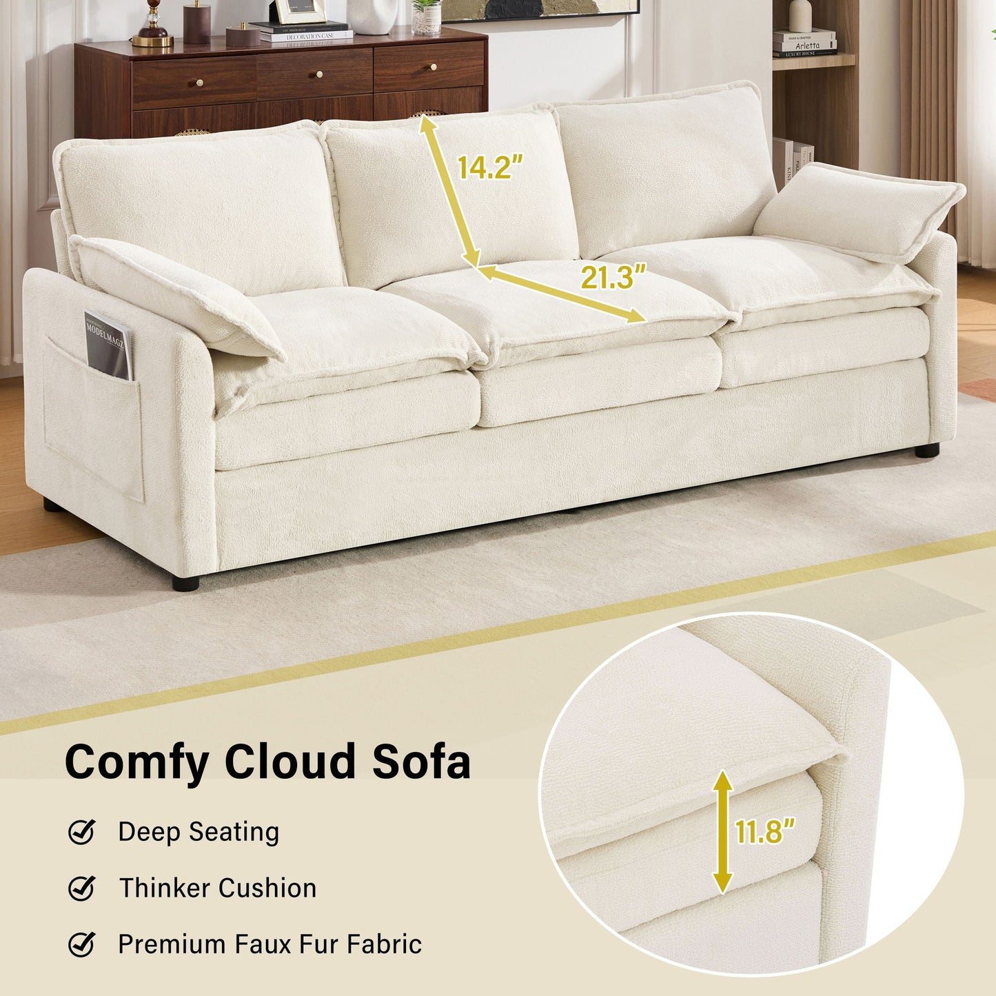 Modern Sofa Set With Double Layer Cushion And Side Storage Pockets