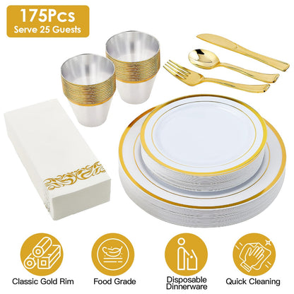 175Pcs Disposable Gold Dinnerware Set Gold Rim Plastic Plates Cups Fork Spoon Knife Paper Napkins for Party Wedding Graduation