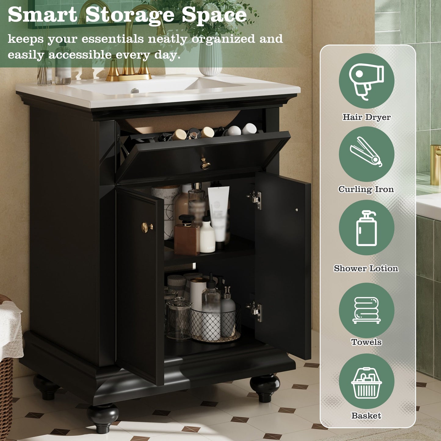 24" Modern Bathroom Vanity with Tip-Out Drawer & Soft-Close Hinges