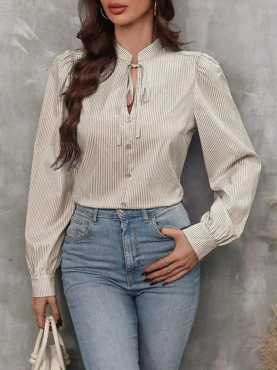 Striped Tie Neck Long Sleeve Blouse – Femstylo