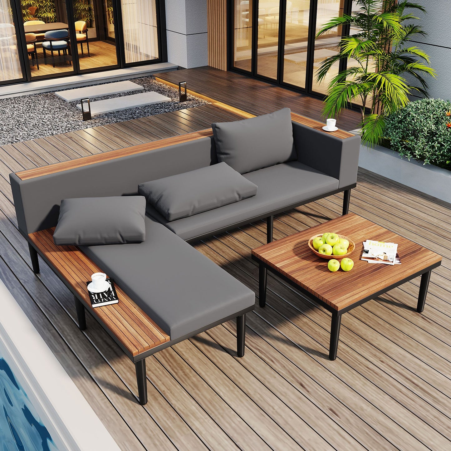 Luxury L-Shaped Acacia Wood Outdoor Sectional Sofa Set