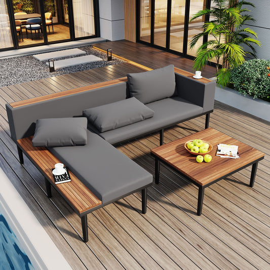 Luxury L-Shaped Acacia Wood Outdoor Sectional Sofa Set