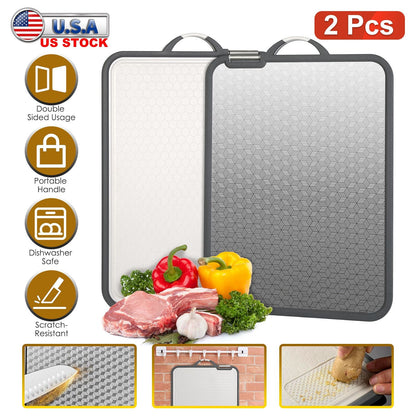 2Pcs Double Sided Cutting Board Stainless Steel PP Chopping Board Lightweight Kitchen Cutting Board Mesh Design with Grinding Zone Knife Sharpener Han