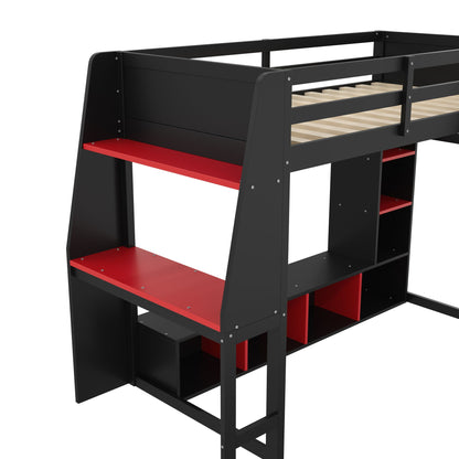 Gaming Loft Bed With Desk, Multi Storage Shelves, LED Lighting, And Hanging Clothes Rack