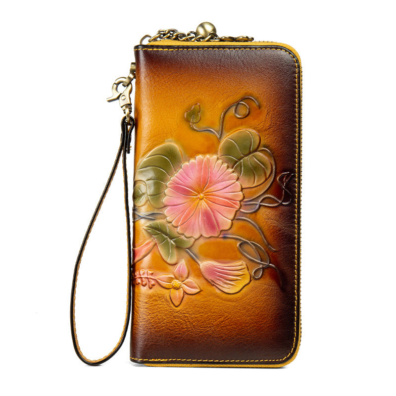 Genuine Leather Long Wallet Bag Hand-Painted Finish Zipper Closure Full-Grain Cowhide Clutch