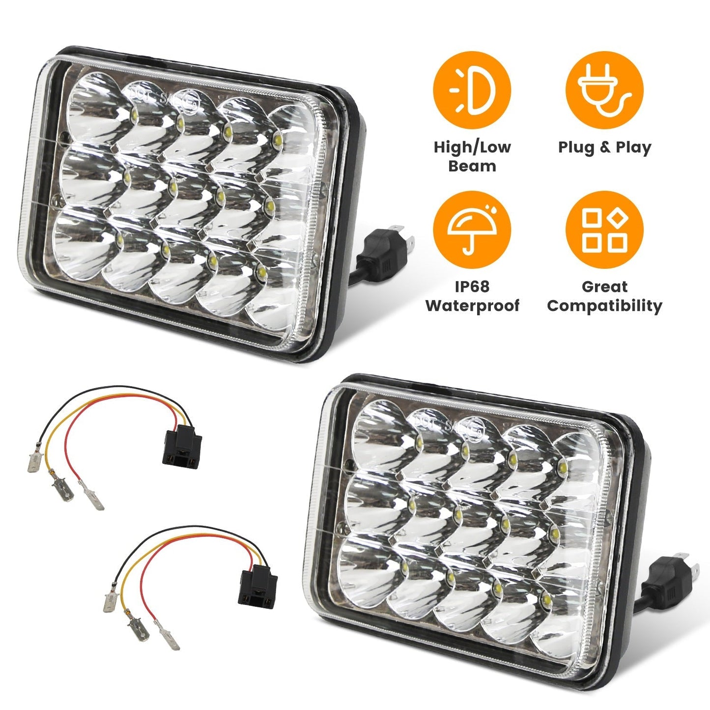 4x6in Car LED Headlights Vehicle Rectangular Headlamp with H4 Socket H4-to-3Pins Adapter with High Low Beam White Light IP68 Waterproof for 10-80V SUV