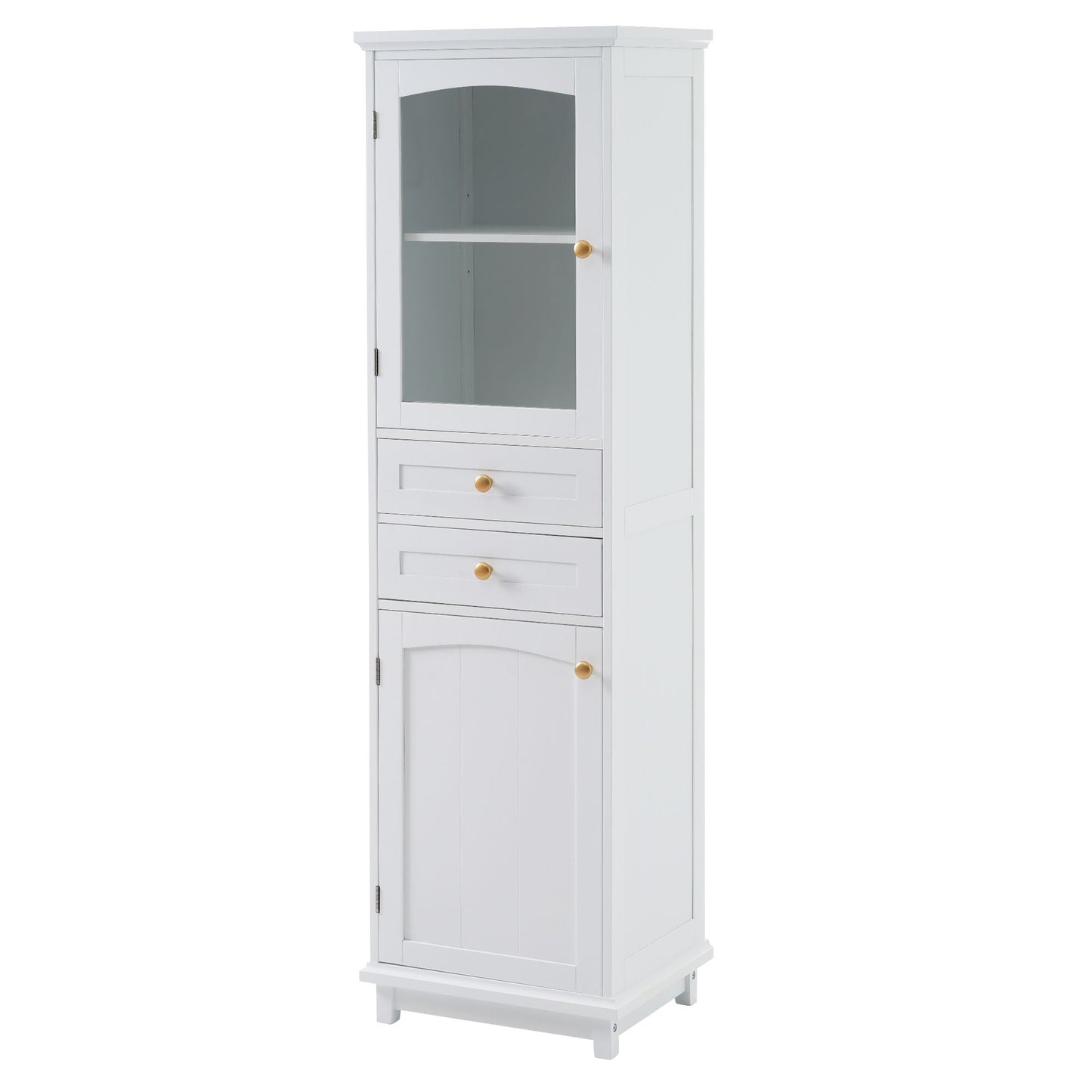 Tall Bathroom Storage Cabinet With Glass Doors, Free-Standing, Two Drawers, And Adjustable Shelves, Board, Painted Perfect For Displaying Your Favorite Items