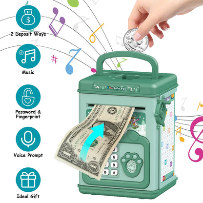 Piggy Bank Toy Cash Coin Money Bank Money Saving Box with Password Fingerprint Voice Prompt Folding Handle for 3+ Years Old Boys Girls