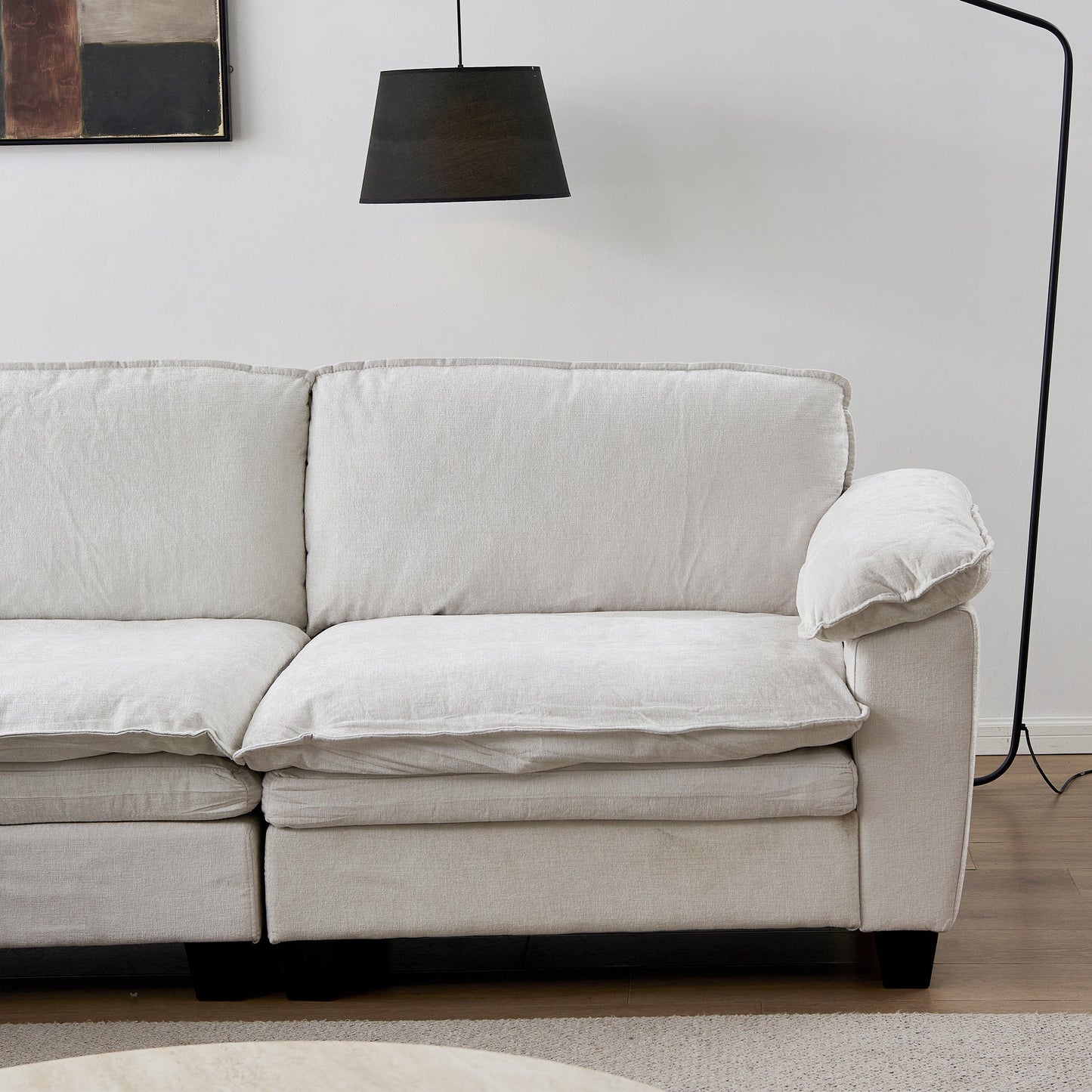 Living Room Sofa Luxury Couch with Ottoman in Soft Chenille Beige