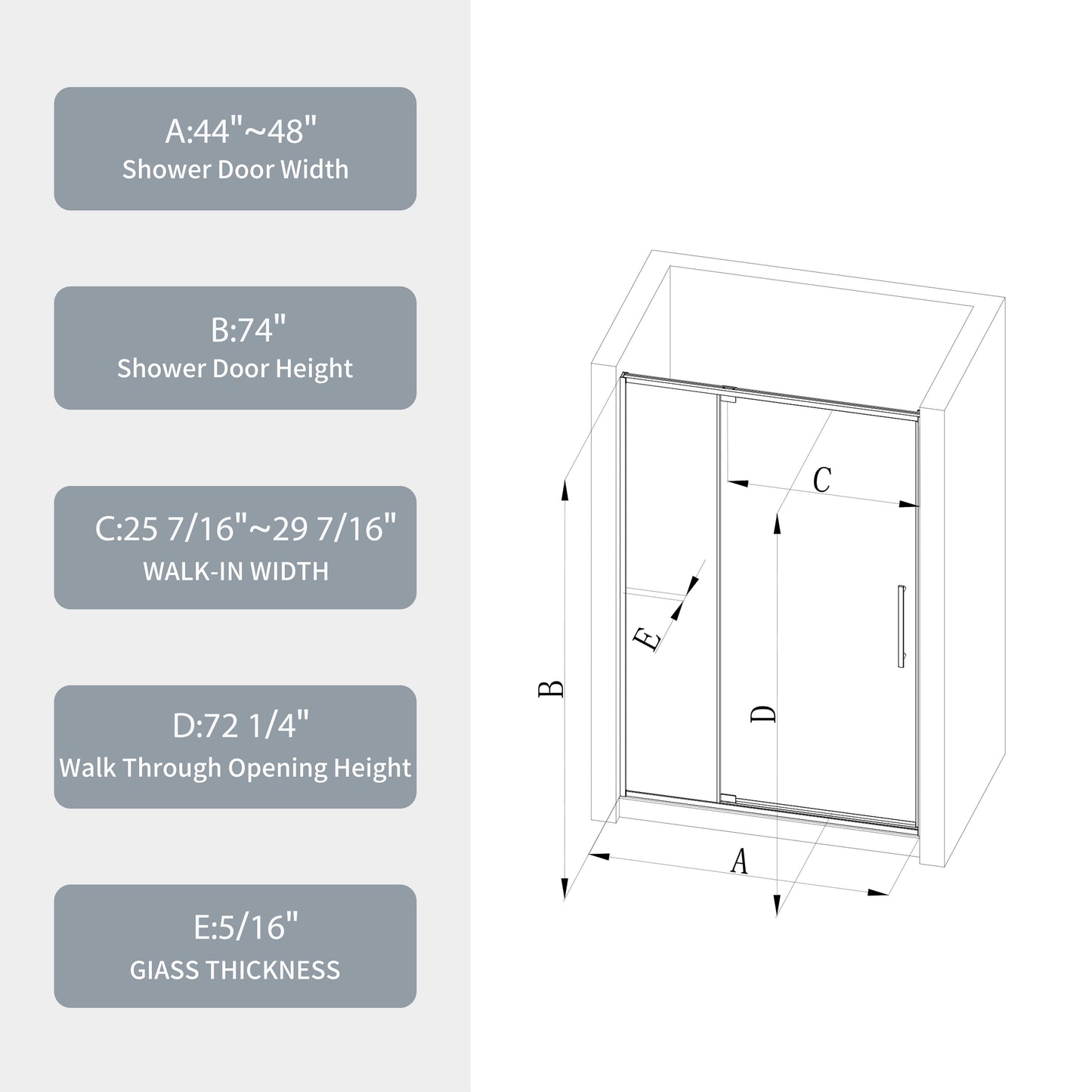 44-48"W x 74"H Pivot Shower Door with Brushed Nickel Finish