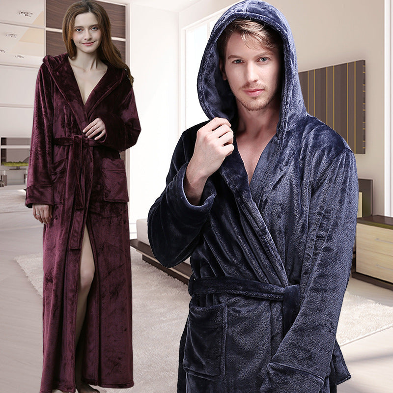 Mens Winter Hooded Thickened Long-Style Nightgown