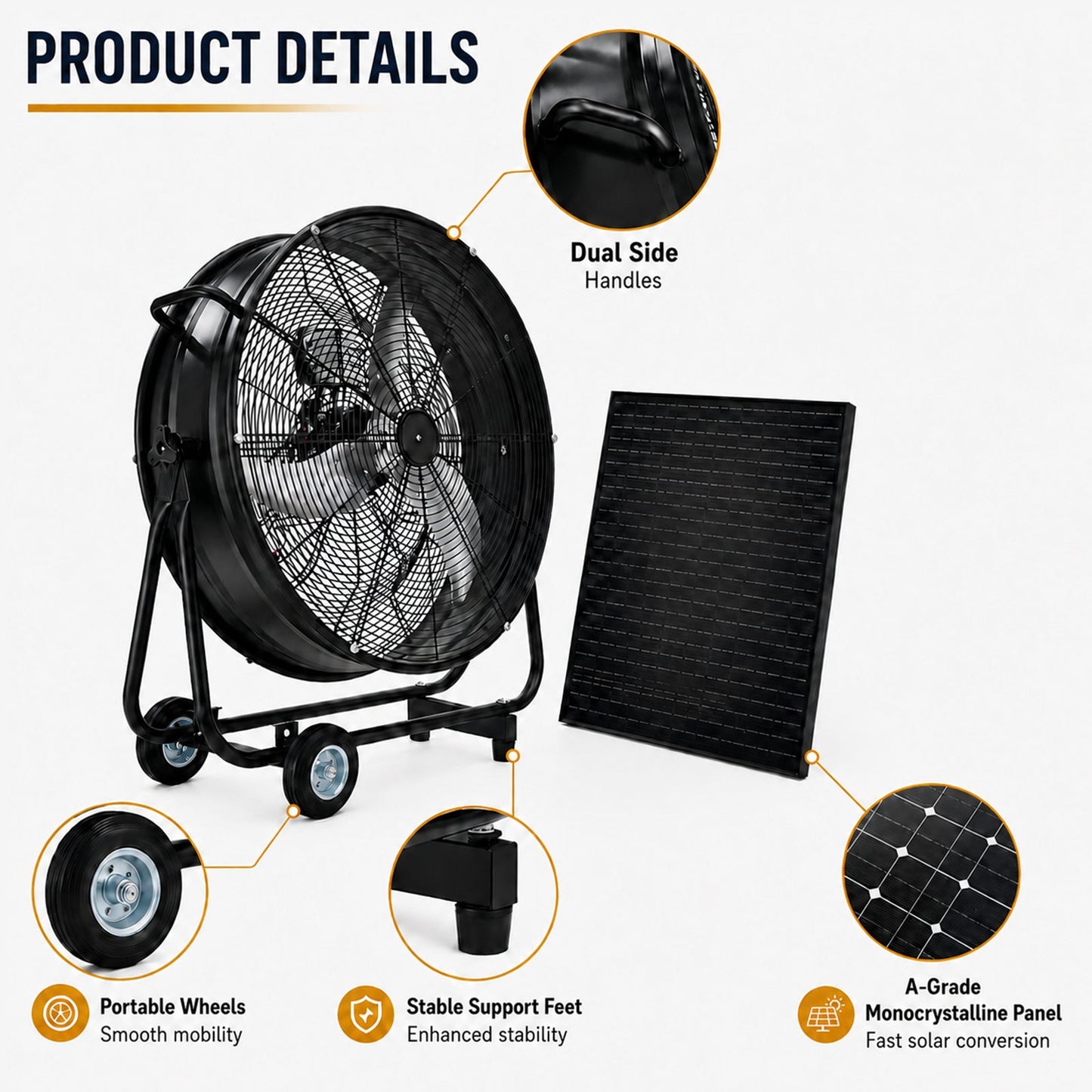 30" Wheeled Solar Fan with 140W Adjustable Monocrystalline Solar Panel