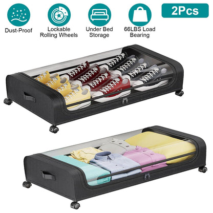 2Packs Under Bed Storage Containers Rolling Clothing Organizer 42L/11Gal Under BedÊDrawers with Clear Lid 360¡ Lockable Rolling Wheels Strap Handles
