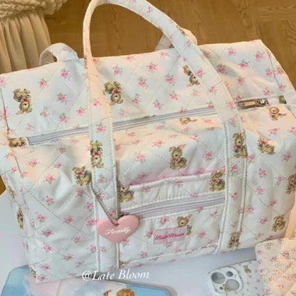 Large capacity tote bag for girls, short trip girl commuter bag, quilted puffy purse floral fabric, student class shoulder tote bag,