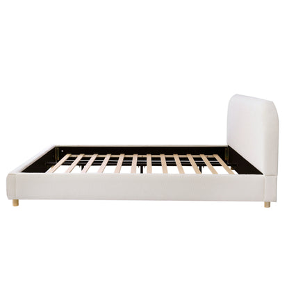 California King Size Upholstered Bed with Boucle Fabric and Curved Headboard