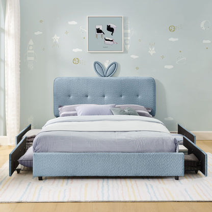 Upholstered Bed With Oversized Rabbit Ear Headboard, LED Lights & 4 Storage Drawers