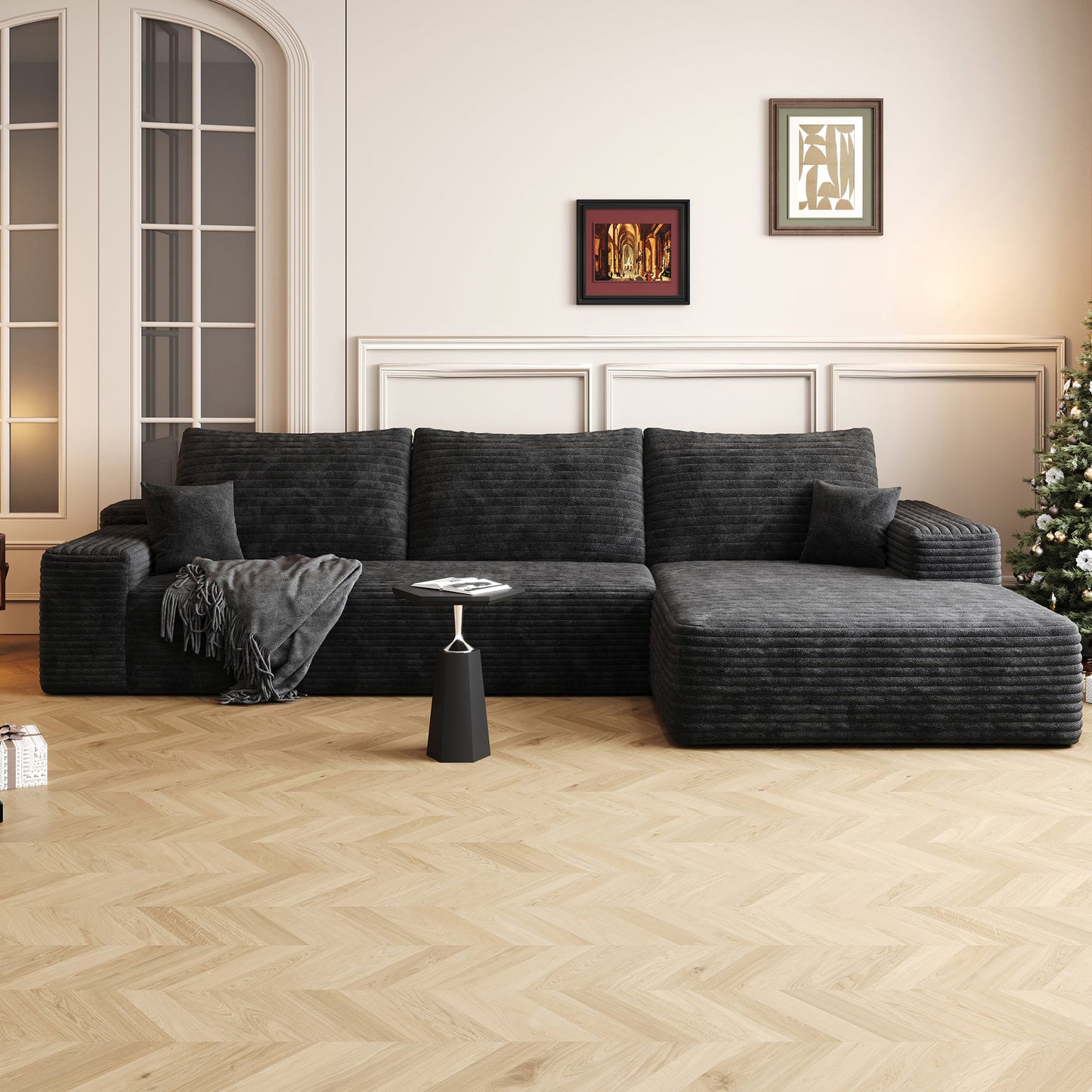 107" Cloud Sectional Couch with L-Shape Chaise, Black Plush Corduroy