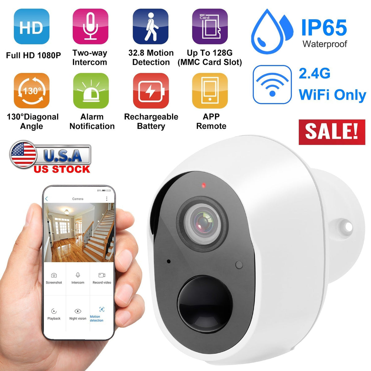 1080P FHD WiFi IP Camera Two-Way Audio Security Surveillance Camera IP65 Waterproof Motion Sensor Night Vision Network Camcorder APP Control For Kids