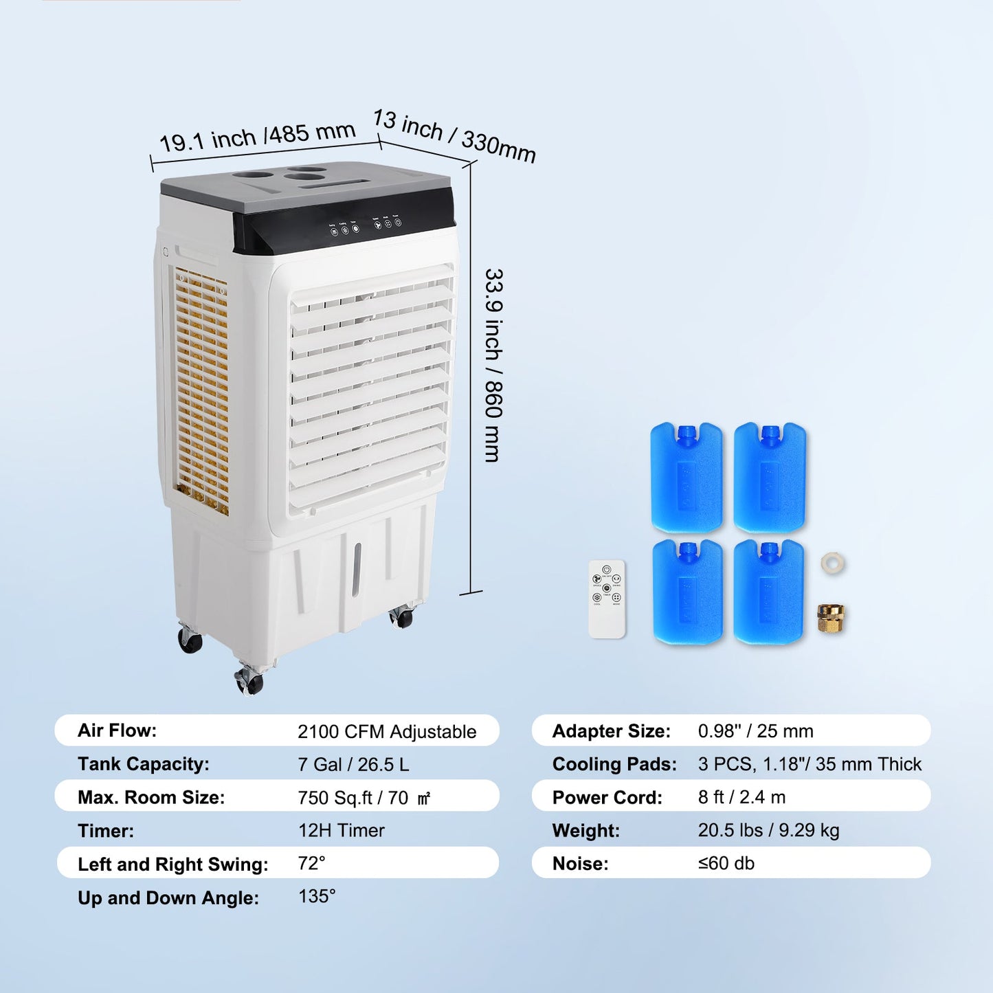 Evaporative Air Cooler with 2100 CFM and 135° Oscillation