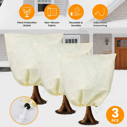 3Pcs Winter Plant Cover Bags with Drawstring 32.67x43.3in Plant Freeze Protector Reusable Non-Woven Plant Frost Blanket for Outdoor Garden Plants