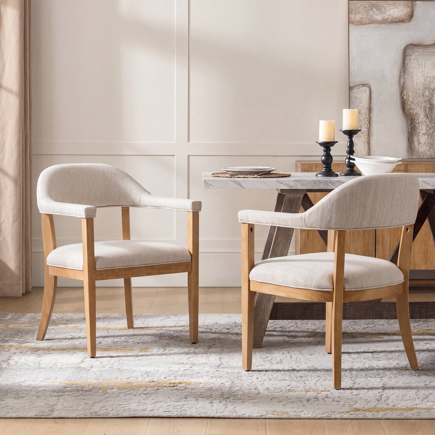 Wood Frame Upholstered Dining Chairs with Armrests (Set of 2)