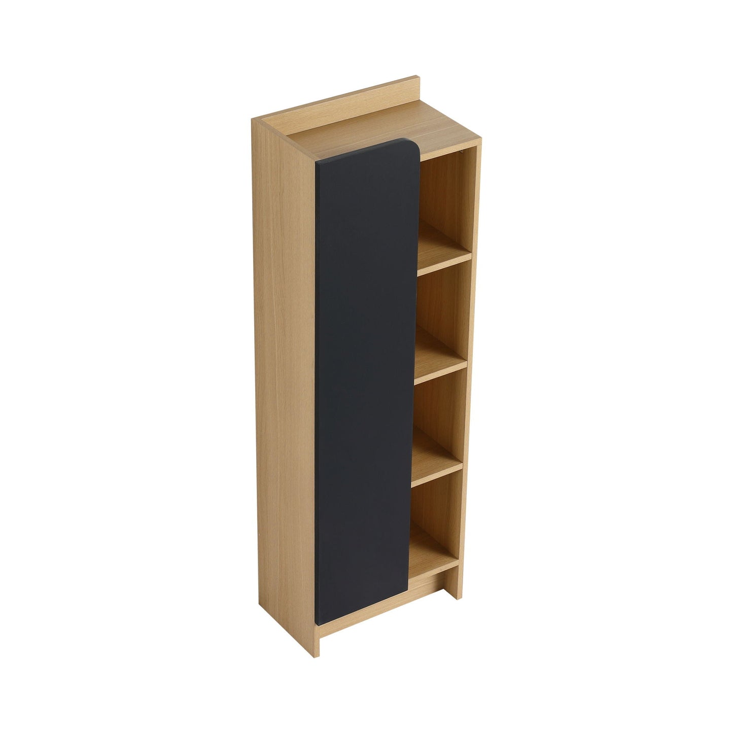 Tall Freestanding Bathroom Side Cabinet With Single Door & 4 Tier Open Shelves - Black / Light Oak / White