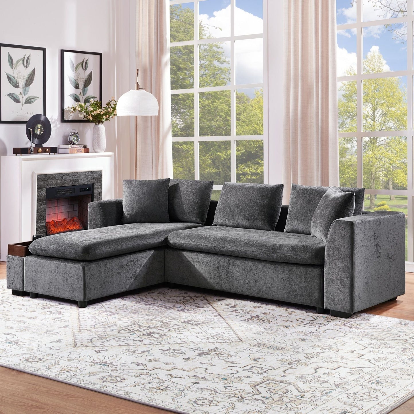 Modern L Shaped Sectional Sofa With Upholstery And Wooden Storage