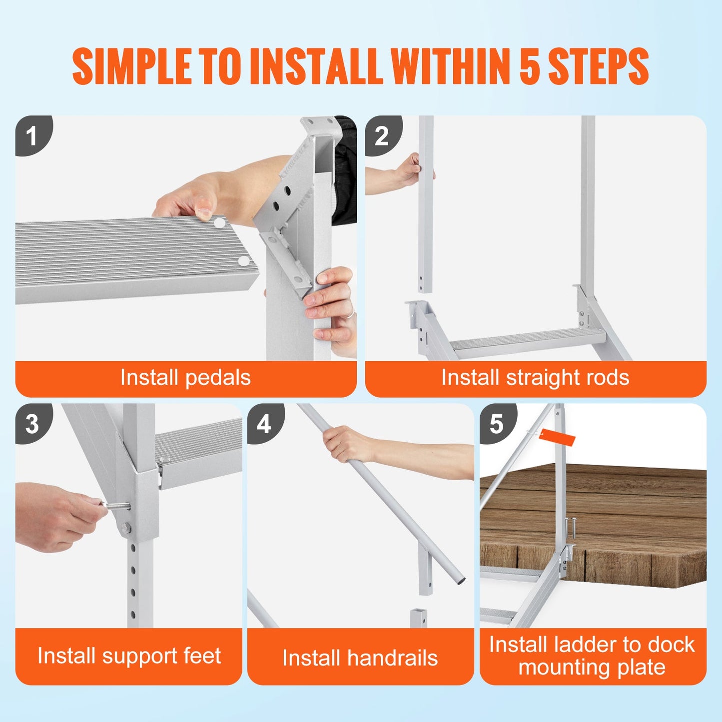 Dock Ladder, 43''-51'' Adjustable Height, 6 Steps with Dual Handrails