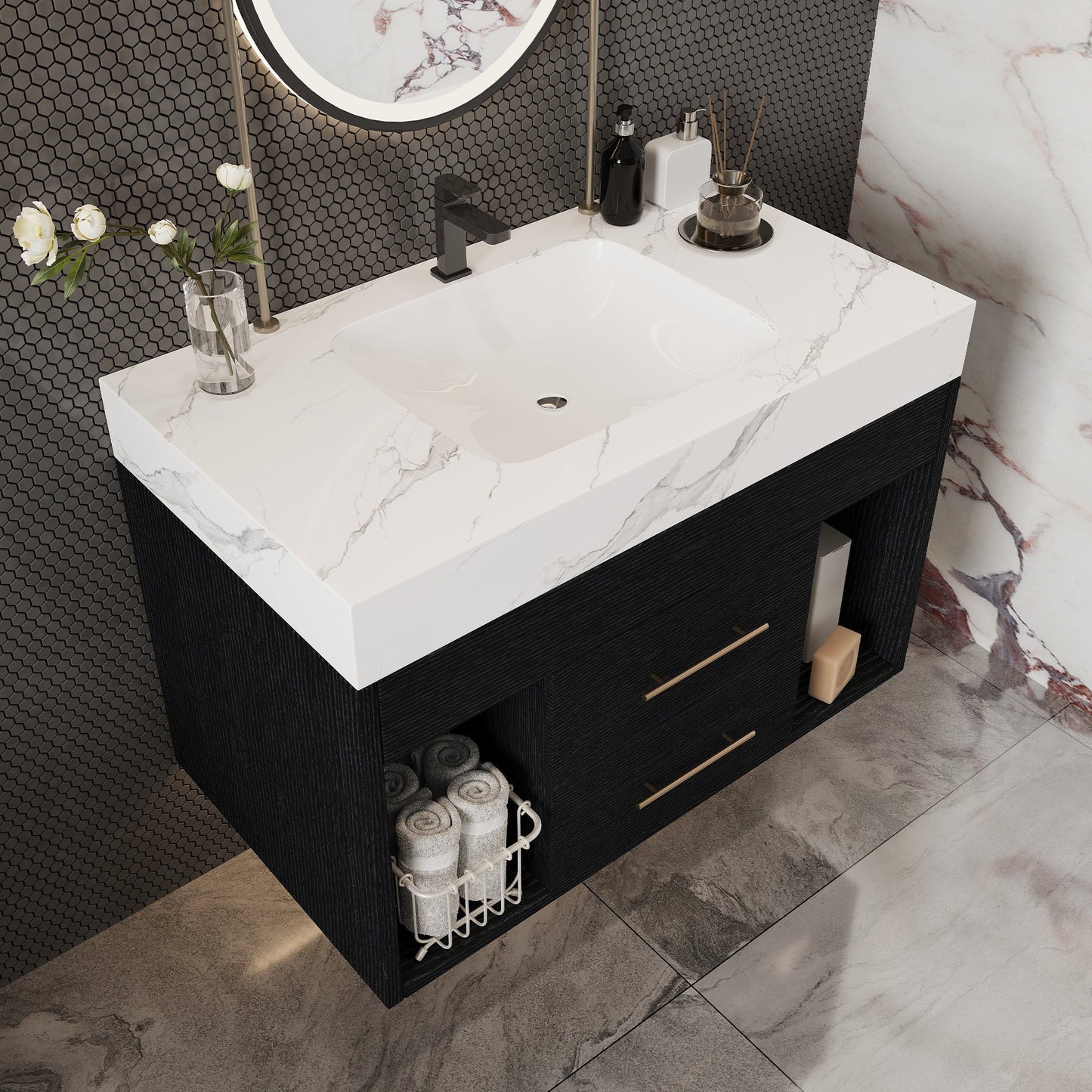 29.9" Modern Floating Bathroom Vanity with Sintered Stone Top