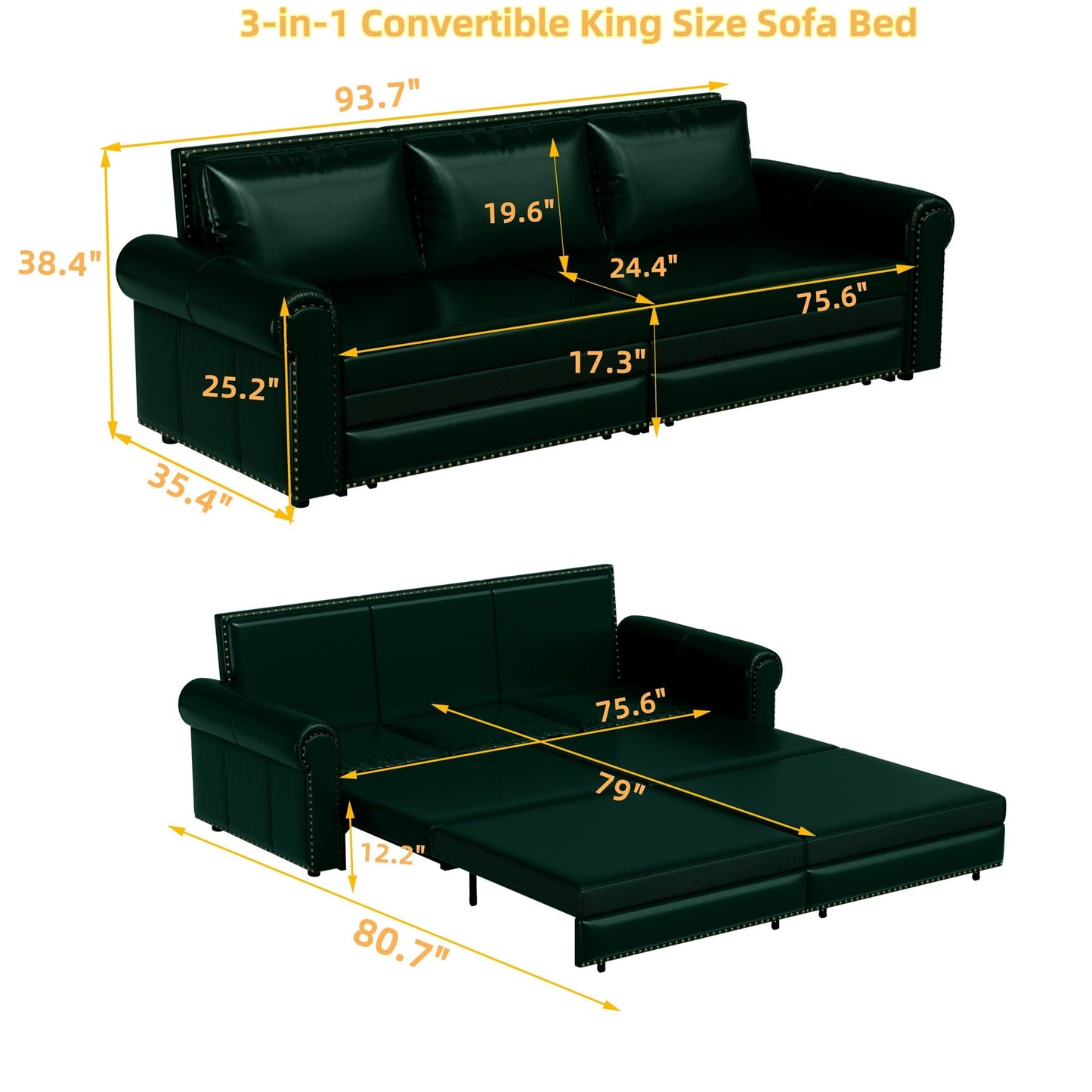3 In 1 Convertible Sleeper Sofa With Nailhead Trim & Rolled Arm