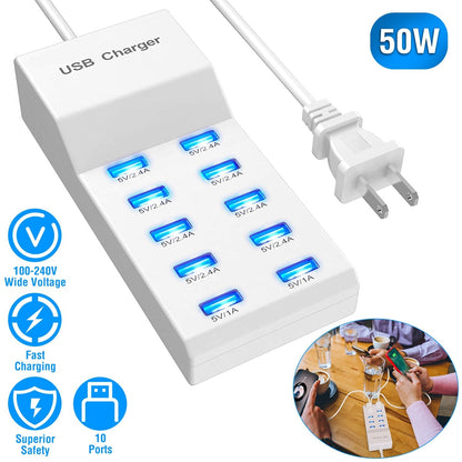 10 Ports USB Charging Station Hub 50W USB Wall Charger Fast Charging Power Adapter for Phone Tablet