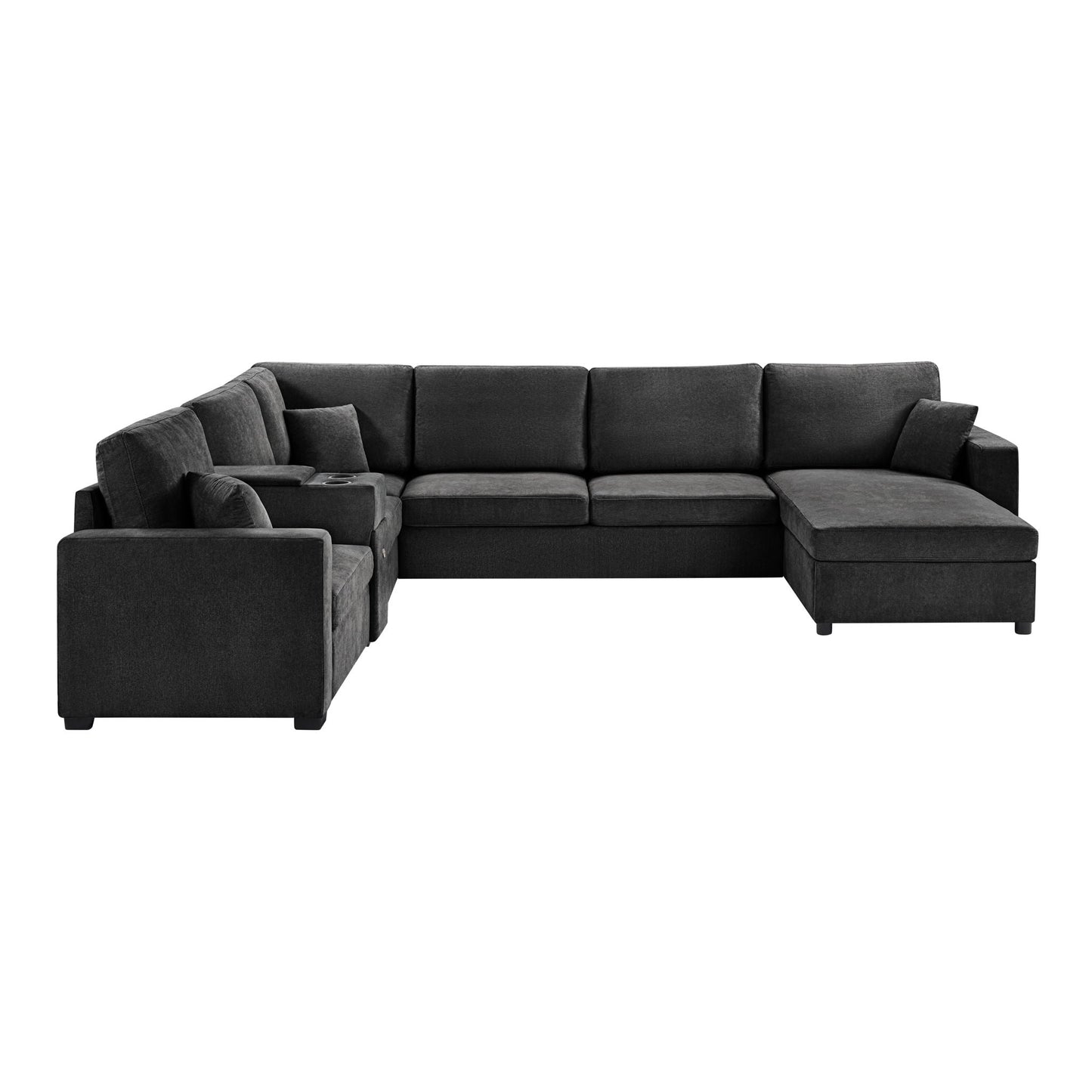 Modular 5 Seat U-Shape Sectional Sofa With Chaise Lounge, Built In Cup Holders And Storage Drawer