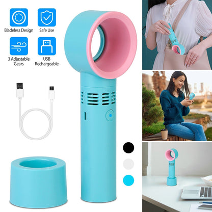 Portable Handheld Bladeless Fan Rechargeable Cooling USB Fan Desktop Use Fan w/ 3 Gears LED Indicator Cooling Fan