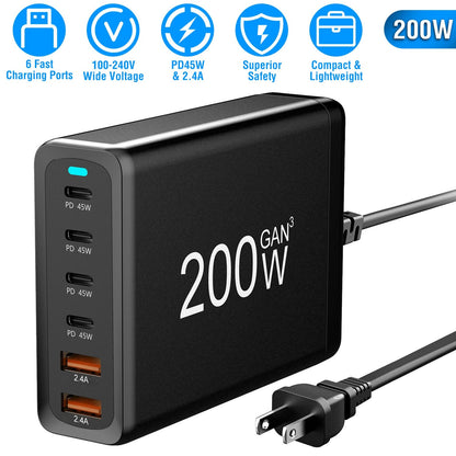 200W Fast Wall Charger with 6 Charging Ports Desktop USB Charging Station PD45W 2.4A GaN Power Adapter Fit for IOSPhone 14 13 12 11 Samsung S22 S21 Sw