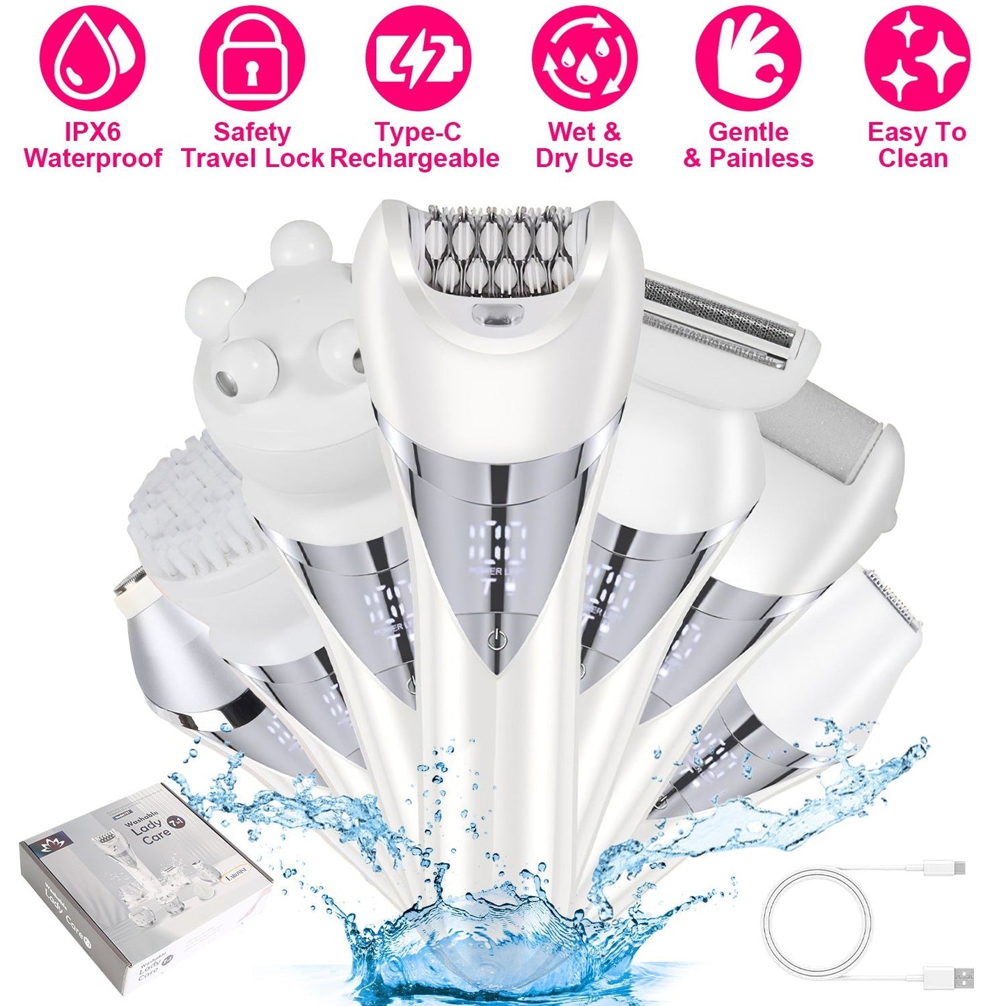 7 In 1 Electric Razor for Women Lady Hair Removal Epilators for Leg Face Arm Bikini Armpit Public Hairs IPX6 Wet and Dry Use Cordless Rechargeable Who