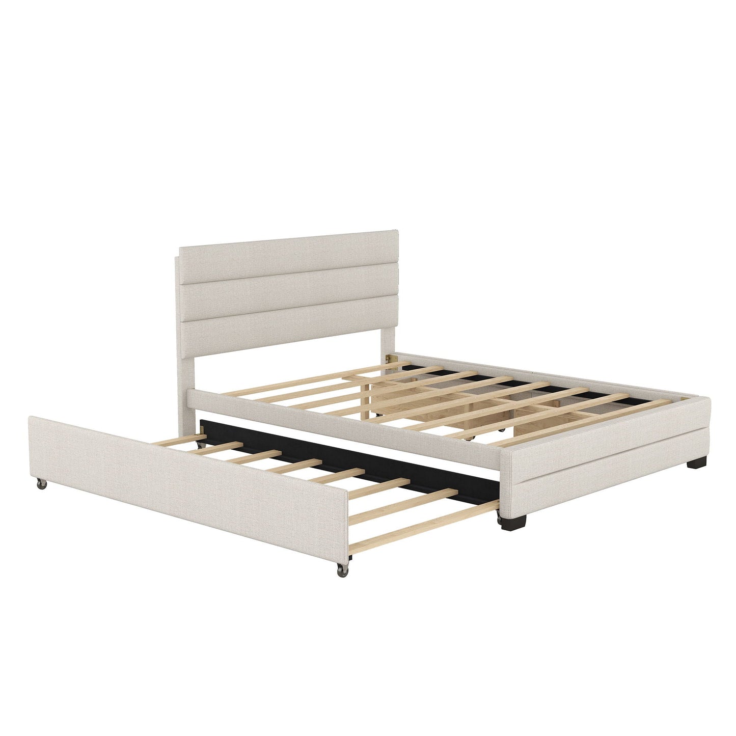 Queen Platform Bed With Twin Trundle And 2 Storage Drawers - Beige