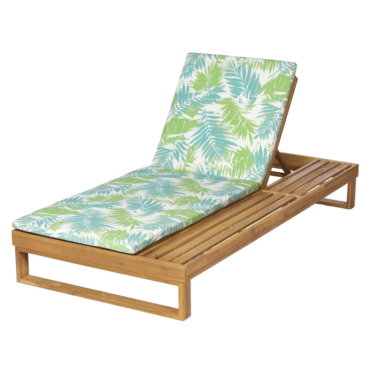 Teak Finish Acacia Wood Chaise Lounge with Leaf Coconut Cushion