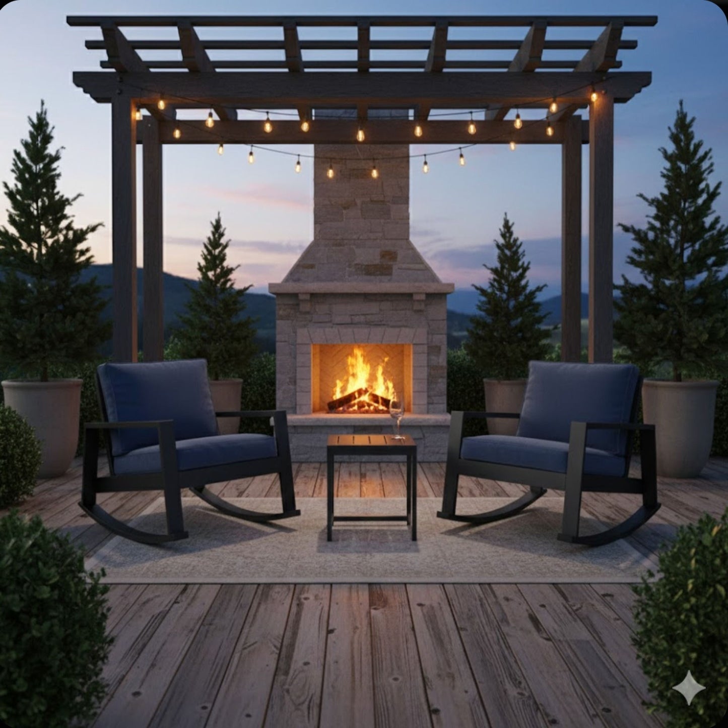 Outdoor Rocking Bistro Set Of 3, Oversized Rocking Chairs With Cushions And Side Table - Black / Blue