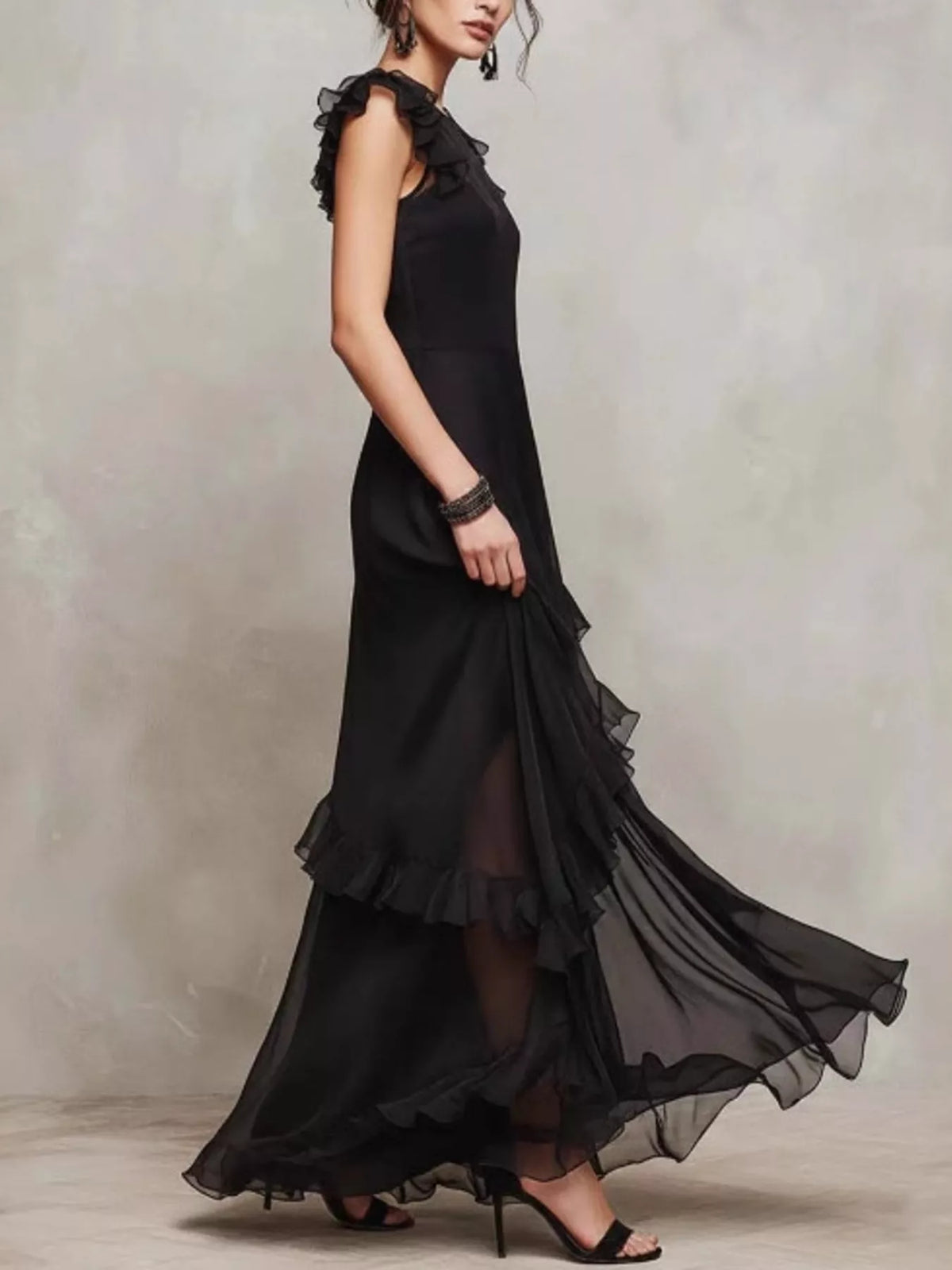 Sheer Ruffle Trim Maxi Dress