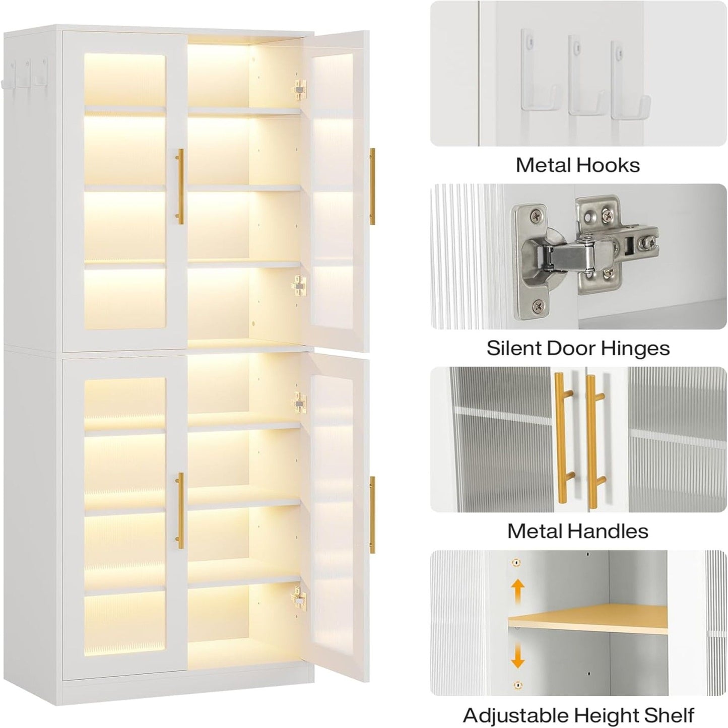 Bookcase With Doors And LED Lighting, 8 Adjustable Shelves Storage Cabinet
