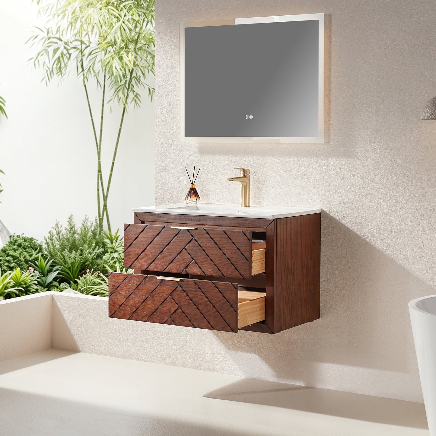 30" Pre-Assembled Wall Mounted & Floating Single Vanity Cabinet with 1-Hole Ceramic Top