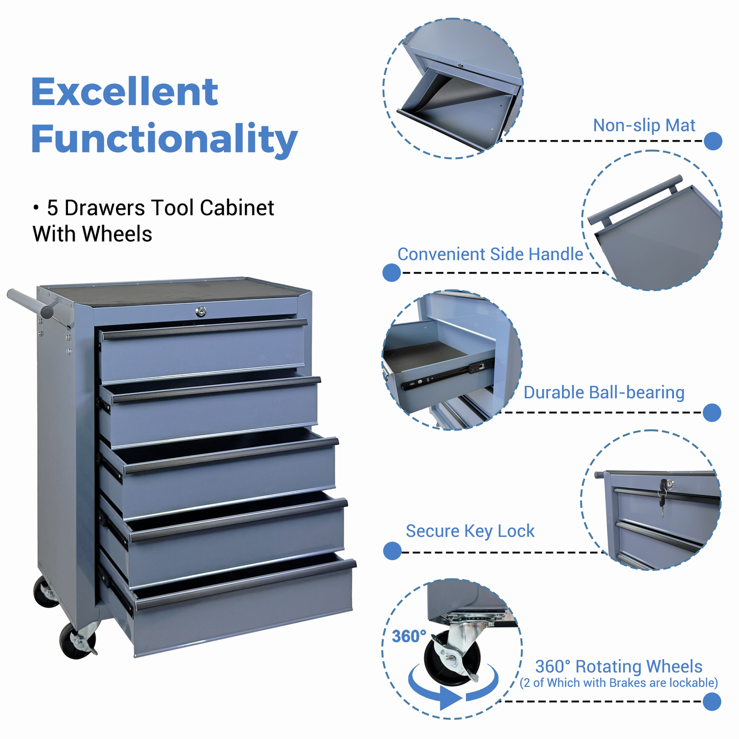 Rolling Metal Tool Chest with 5 Drawers