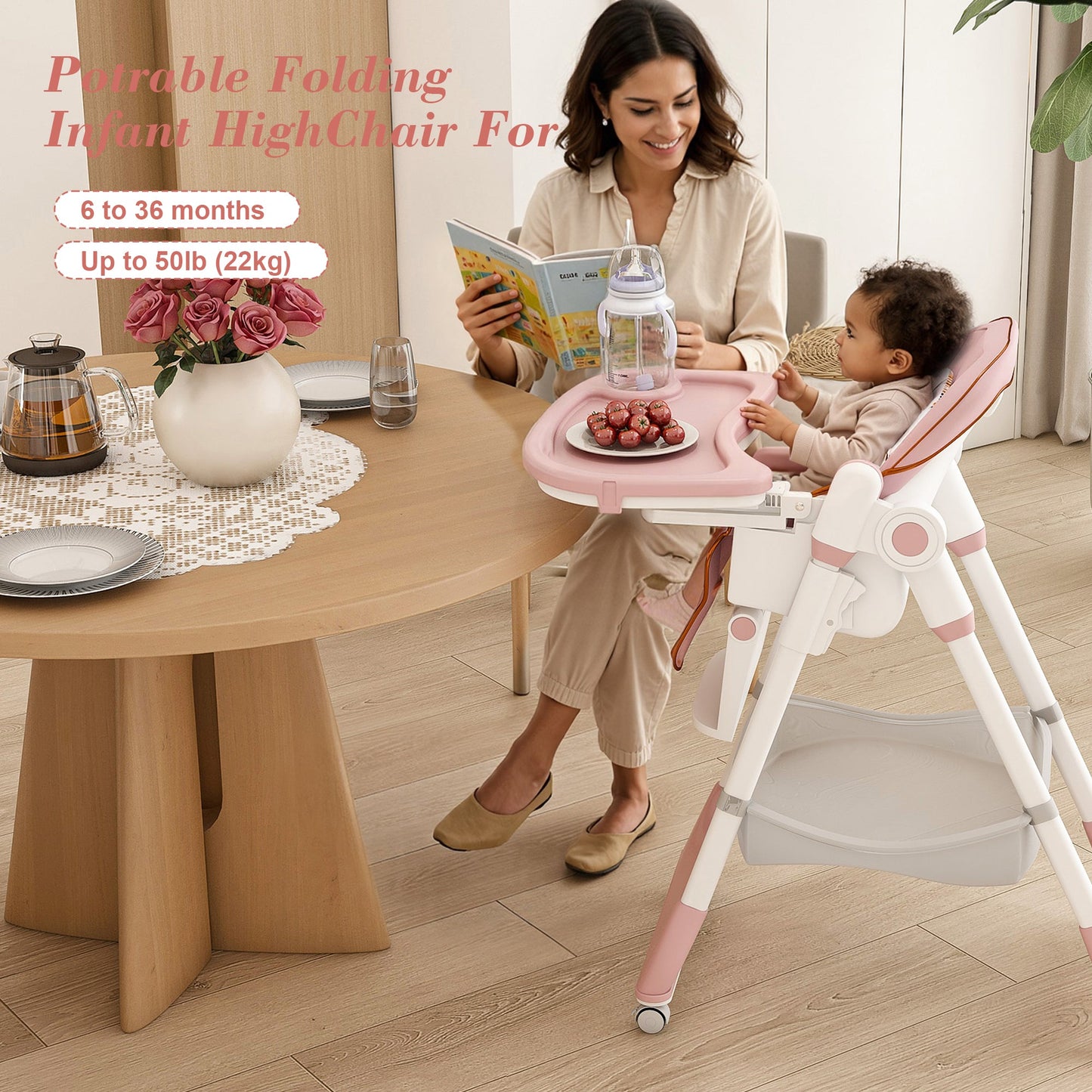Adjustable Baby High Chair 0-6 Years – Portable Infant Feeding Seat (Pink)